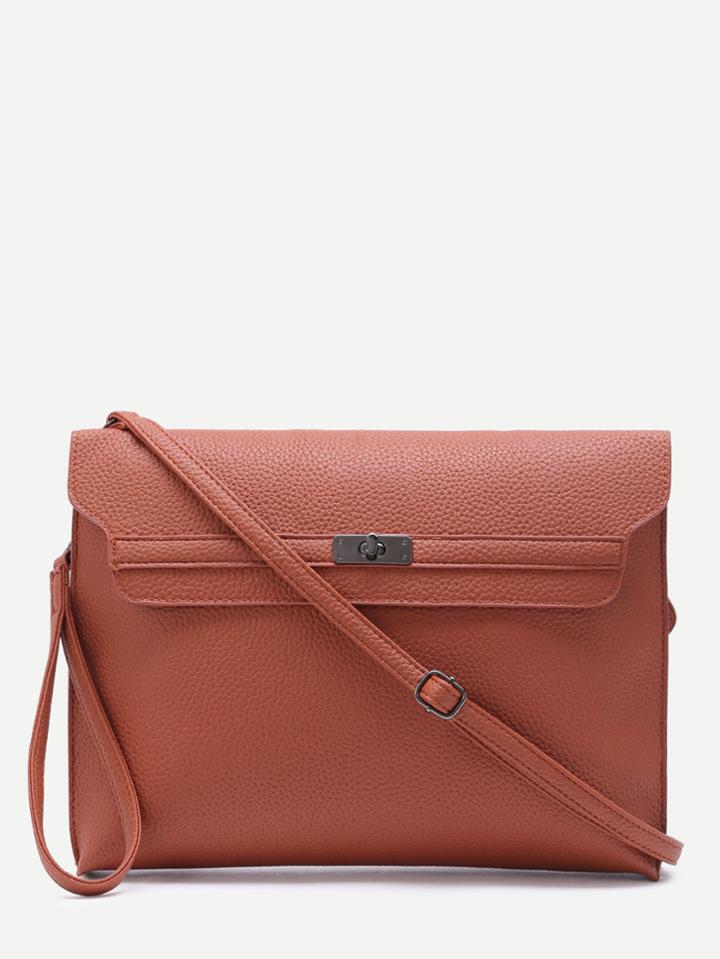 Romwe Brown Pebbled Pu Twistlock Closure Messenger Bag
