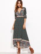 Romwe Dark Green Paisley Print Surplice Front High Low Dress