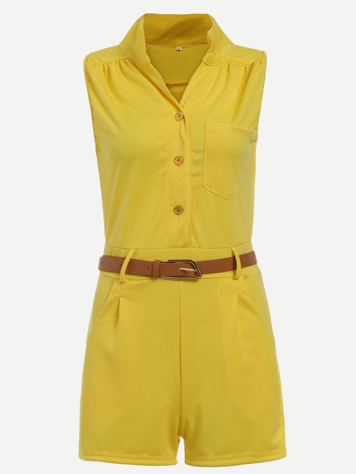Romwe Yellow Belted Button Front Pocket Romper
