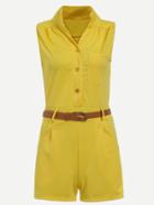 Romwe Yellow Belted Button Front Pocket Romper