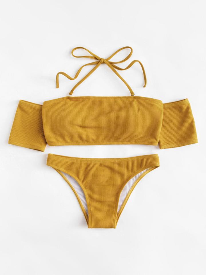 Romwe Off The Shoulder Halter Bikini Set