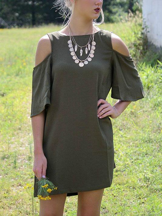 Romwe Open Shoulder Zipper Shift Army Green Dress