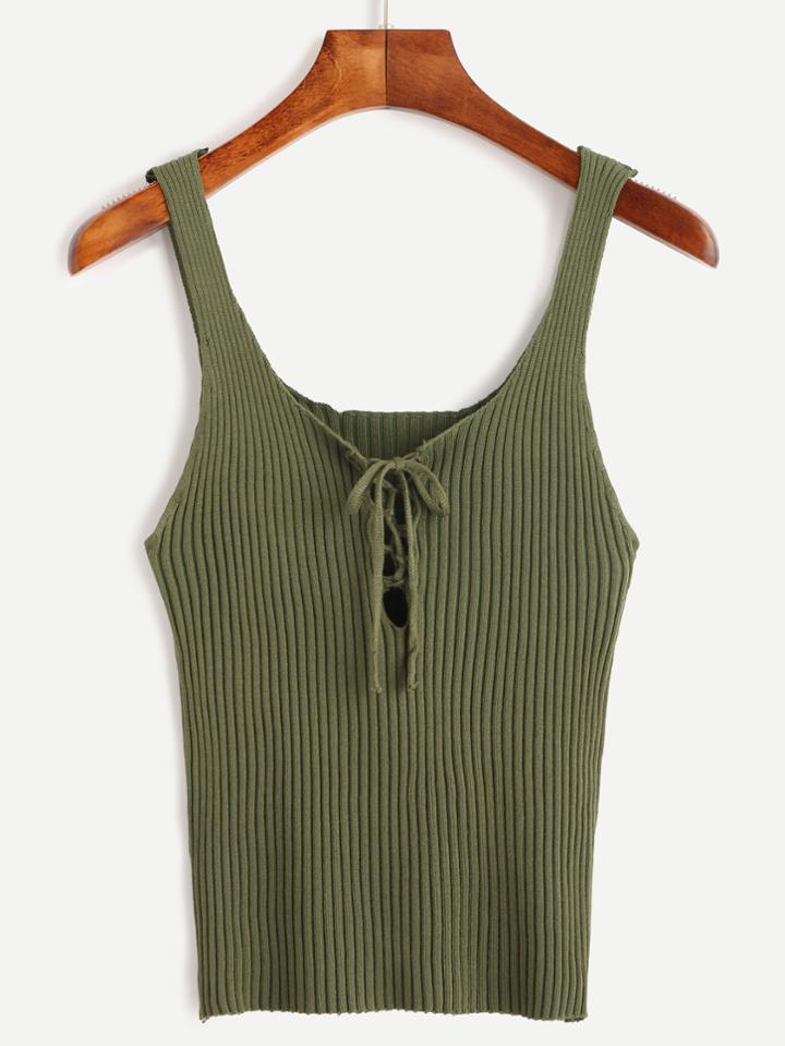 Romwe Army Green Lace Up Ribbed Knit Tank Top