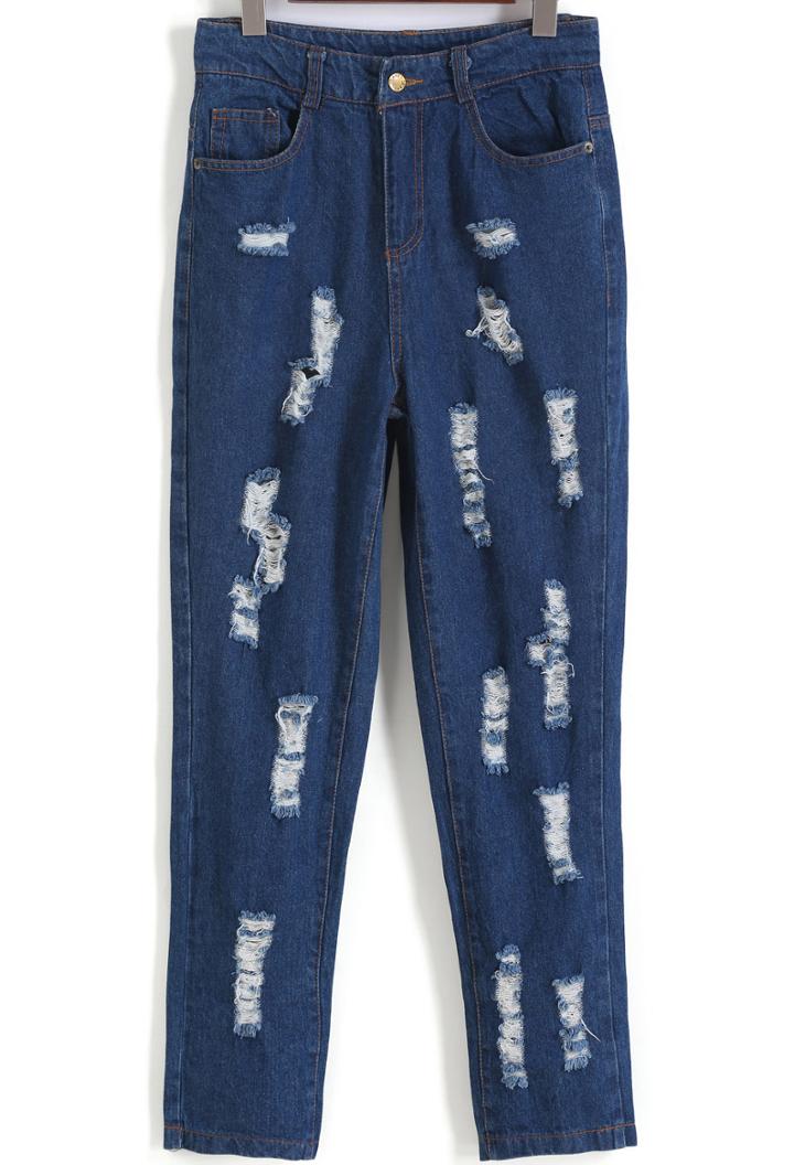 Romwe Ripped Pockets Loose Denim Pant