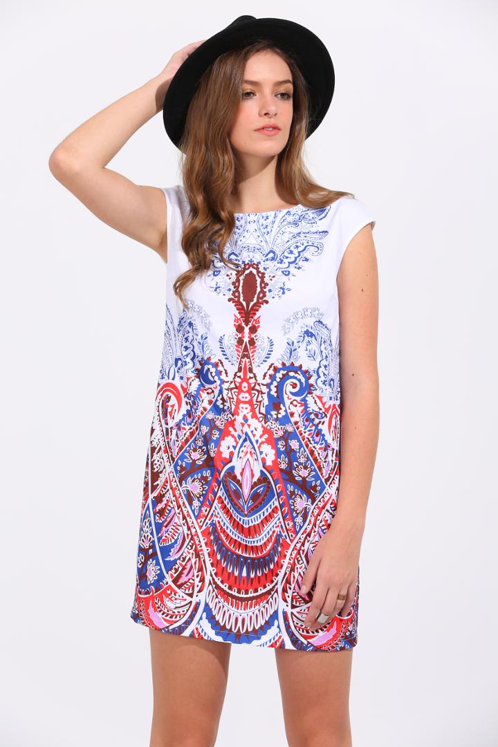 Romwe Multicolor Print Cap Sleeve Shift Dress