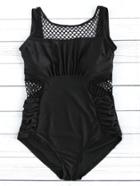 Romwe Black Hollow Out Ruched Detail One-piece Swimwear