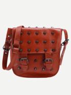 Romwe Brown Studded Dual Buckle Strap Flap Bag