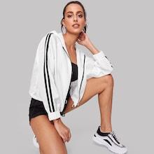 Romwe Drawstring Hem Striped Windbreaker Hoodie Jacket