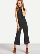 Romwe Black Stand Collar Ribbed Belt Top With Pants