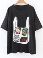 Romwe Black Graphic Embroidery Loose Tee