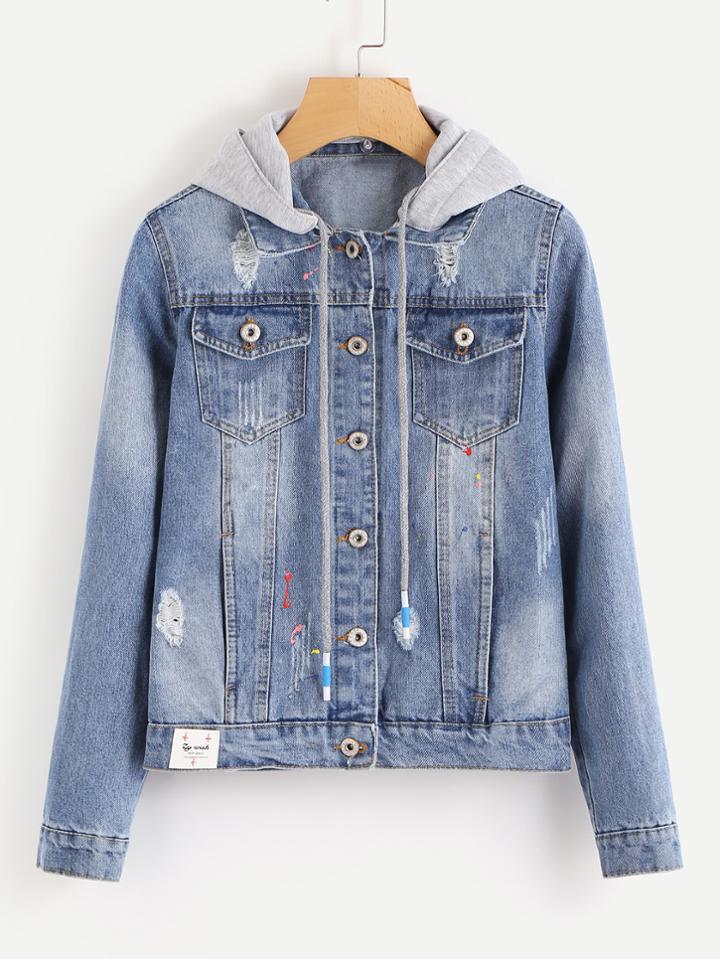 Romwe Patch Detail Ripped Hooded Jacket