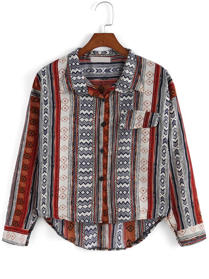 Romwe Lapel Dip Hem Tribal Print Blouse