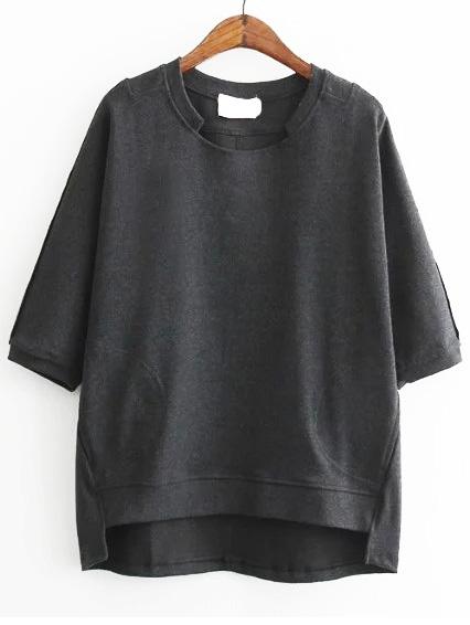 Romwe Dip Hem Pockets Dark Grey T-shirt