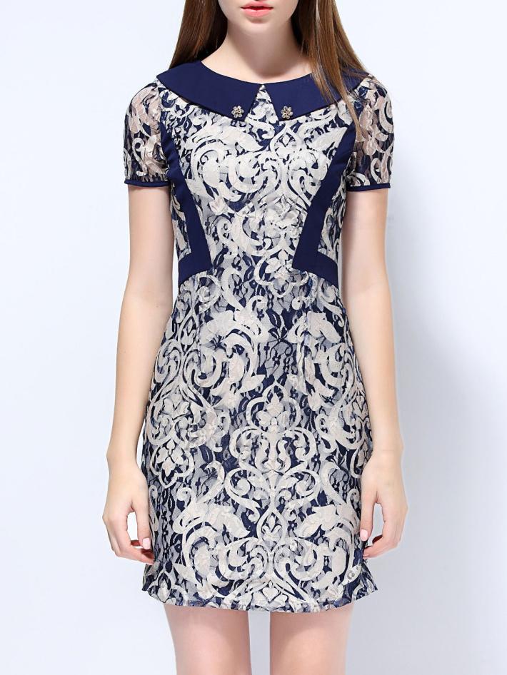 Romwe Navy Round Neck Short Sleeve Lace Bodycon Dress