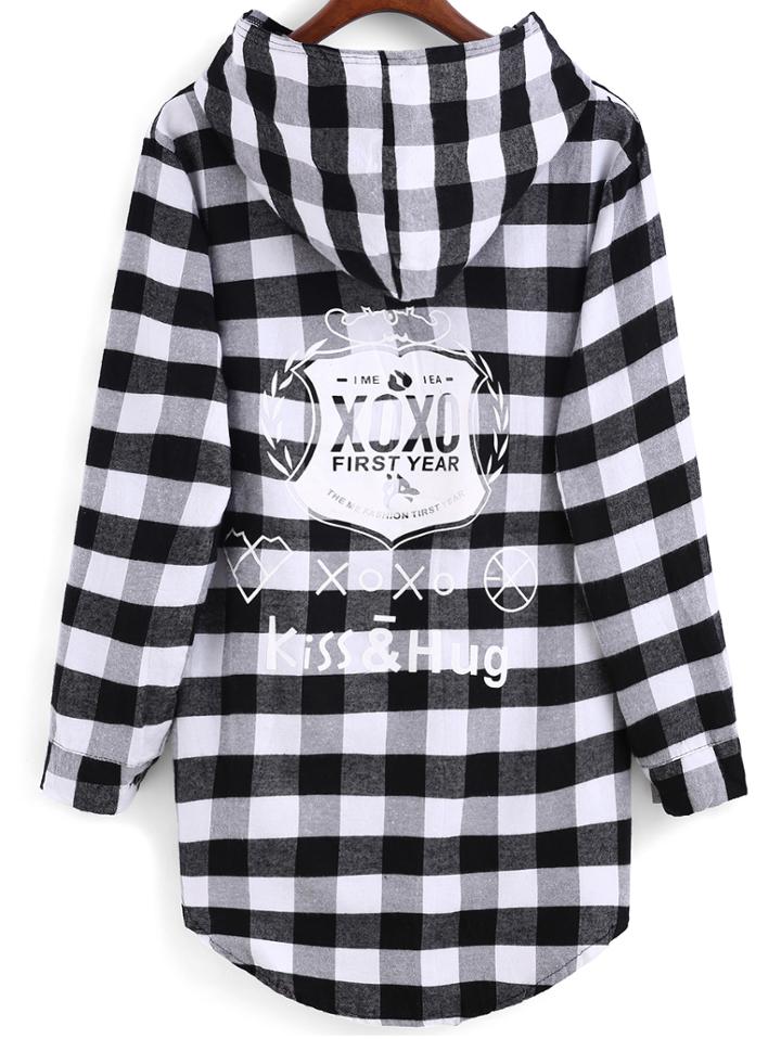 Romwe Hooded Plaid Letter Print Blouse