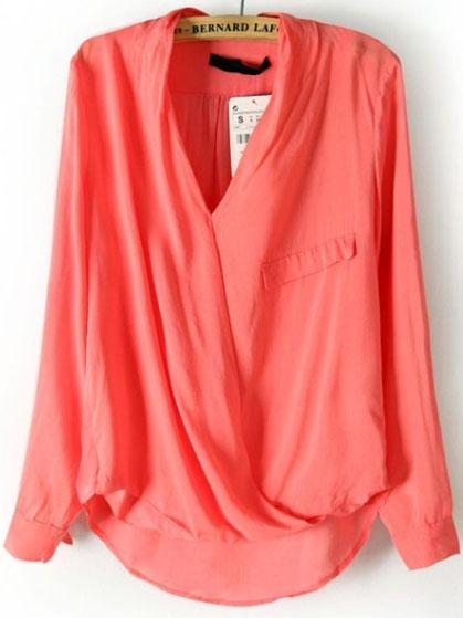Romwe V Neck Cross Dipped Hem Red Blouse