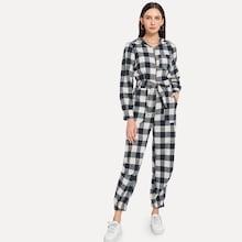 Romwe Tie Waist Check Plaid Hooded Jumpsuit