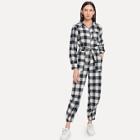 Romwe Tie Waist Check Plaid Hooded Jumpsuit
