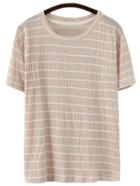 Romwe Light Coffee Short Sleeve Round Neck Stripe T-shirt