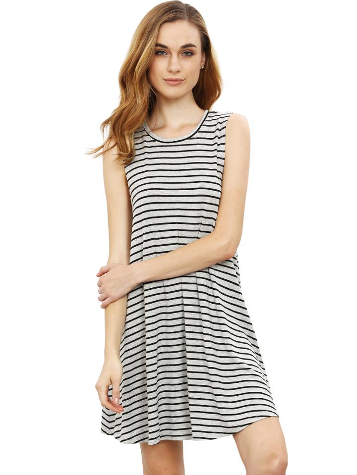 Romwe Grey Striped Sleeveless Dress