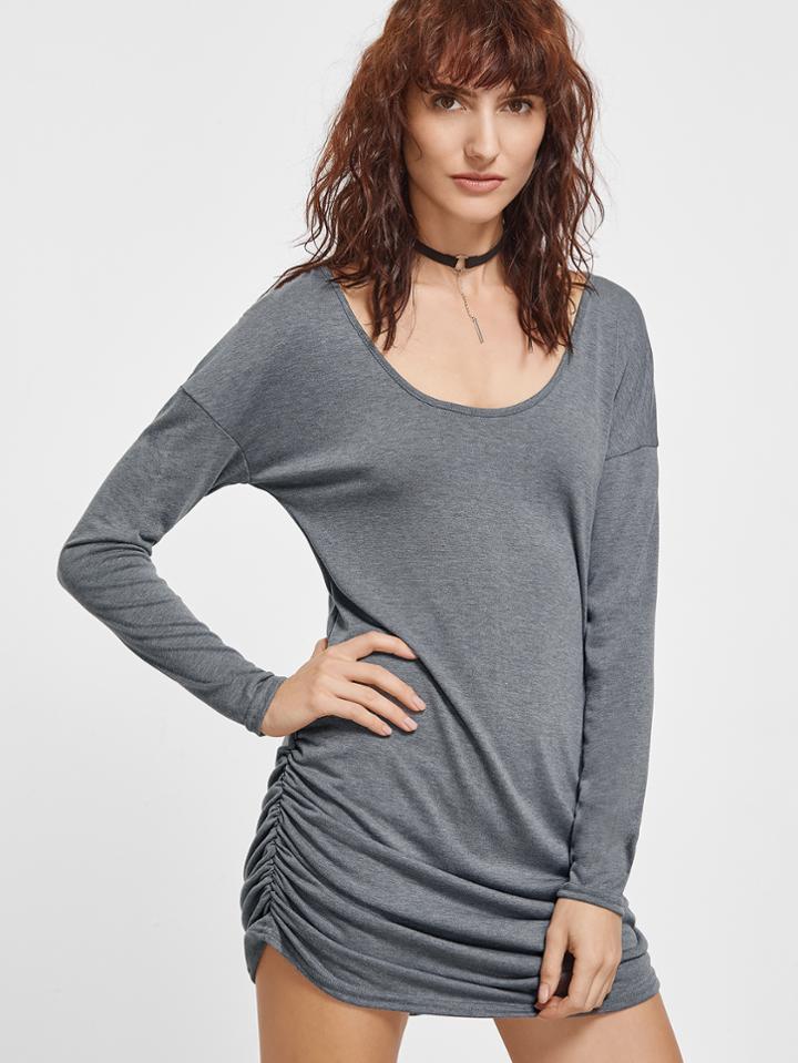Romwe Grey Scoop Neck Drop Shoulder Shirred Side Dress