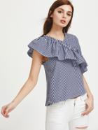 Romwe One Shoulder Frill Hem Pinstriped Top