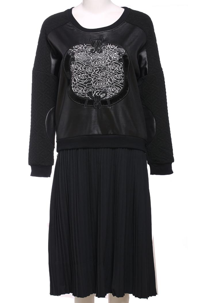 Romwe Contrast Pu Leather Embroidered Pleated Dress