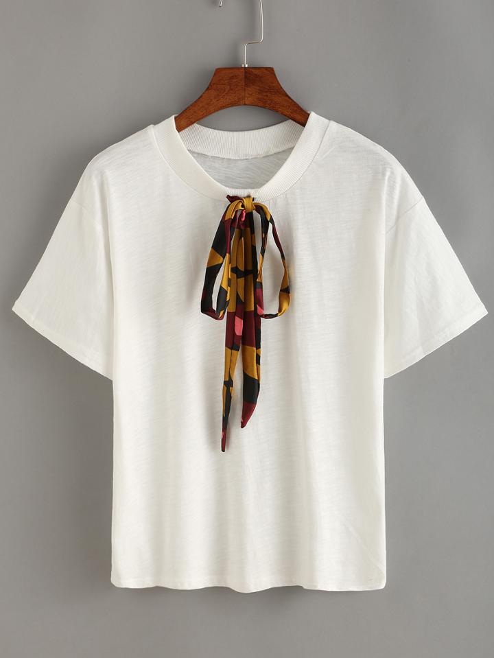 Romwe Colorful Bow-tie Neck T-shirt