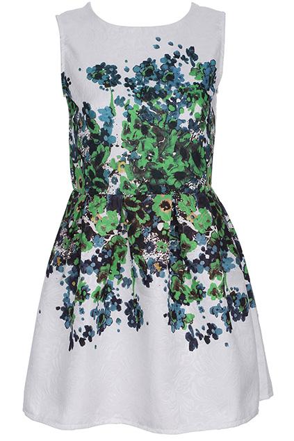 Romwe Watercolor Print Floral Embossed Green Sleeveless Dress