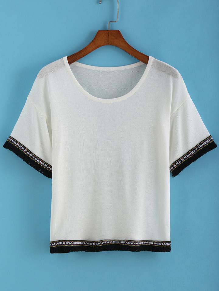 Romwe With Tassel Embroidered White Sweater