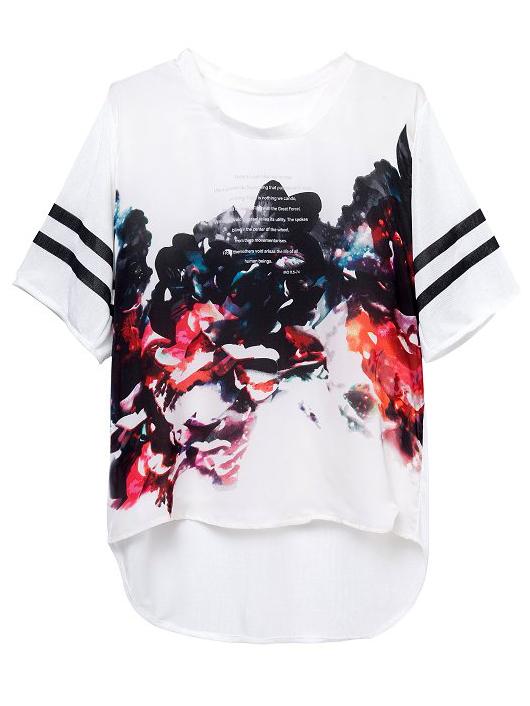 Romwe White Short Sleeve Dipped Hem Letters Print T-shirt
