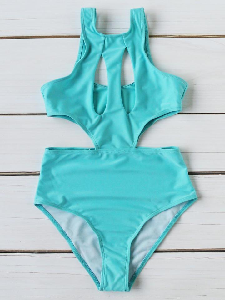 Romwe Turquoise Cutout Design Sexy Monokini