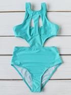 Romwe Turquoise Cutout Design Sexy Monokini
