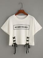Romwe White Letter Print Lace-up Crop T-shirt