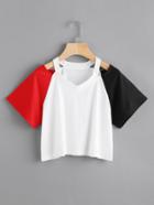Romwe Cut Out Neck Contrast Sleeve Tee