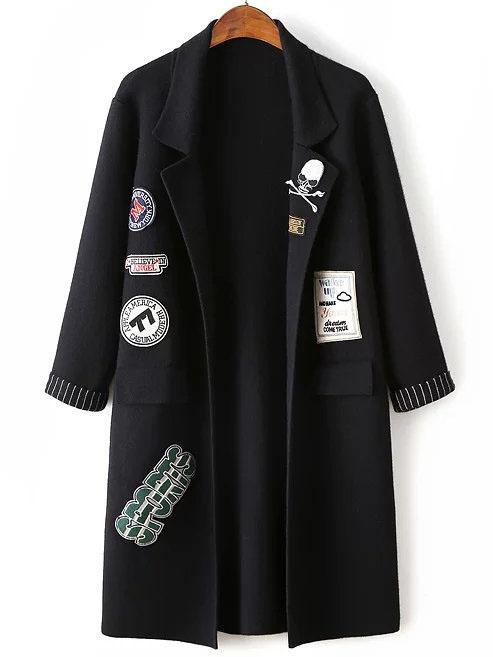 Romwe Black Shawl Collar Roll Sleeve Patch Long Sweater Coat