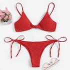Romwe Shirred Top With Tie Side Bikini Set