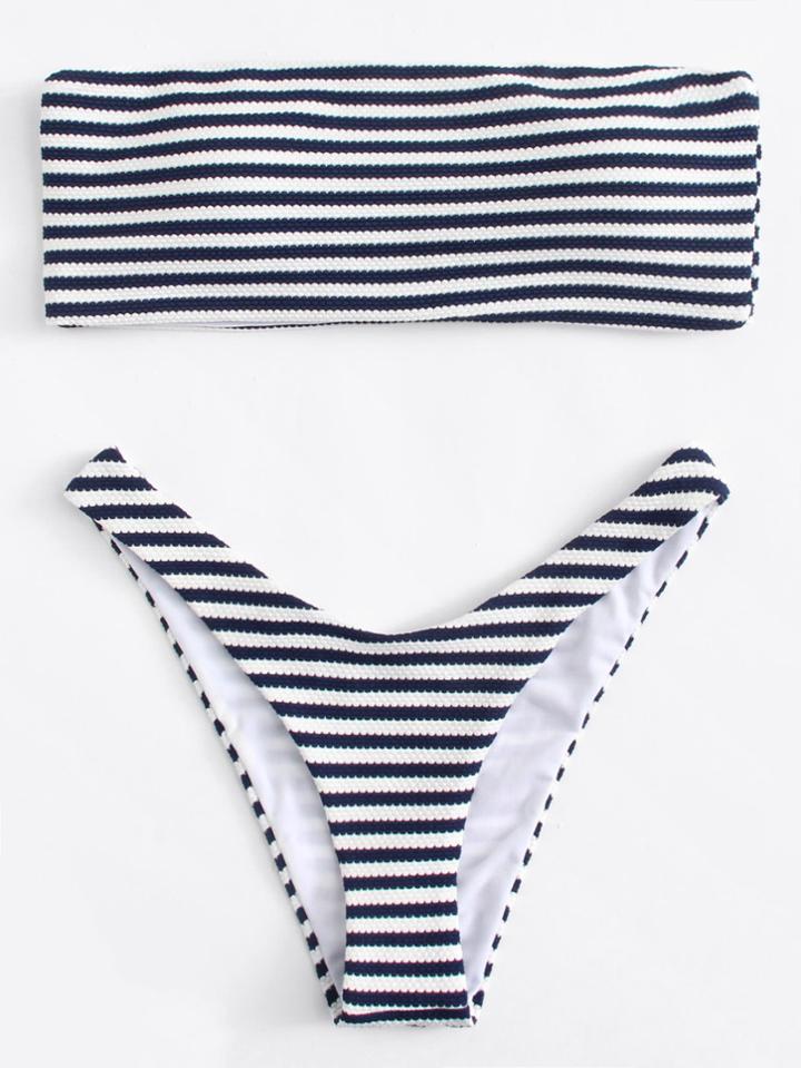 Romwe Striped Bandeau Bikini Set
