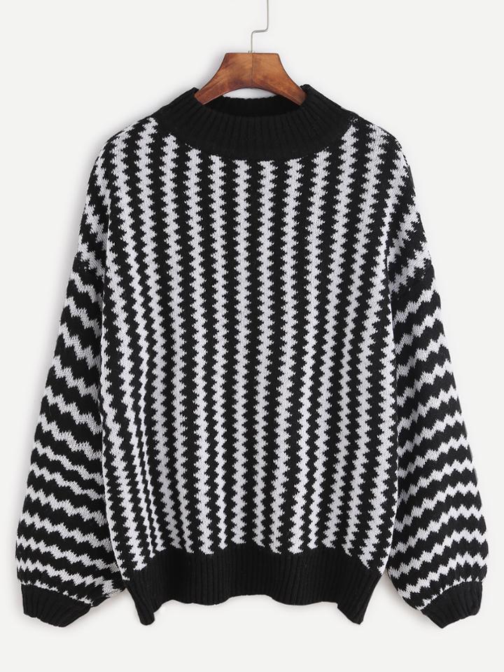 Romwe Black White Striped Crew Neck Drop Shoulder Sweater