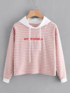 Romwe Slogan Embroidered Striped Hoodie