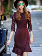 Romwe Purple Round Neck Length Sleeve Lace Dress