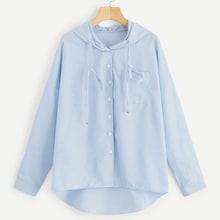 Romwe Striped Single Breasted Pocket Detail Drawstring Hooded Blouse