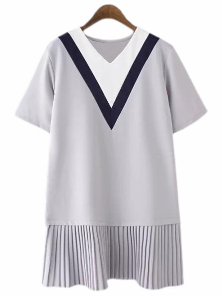 Romwe Grey Short Sleeve V Neck Pleated Dress