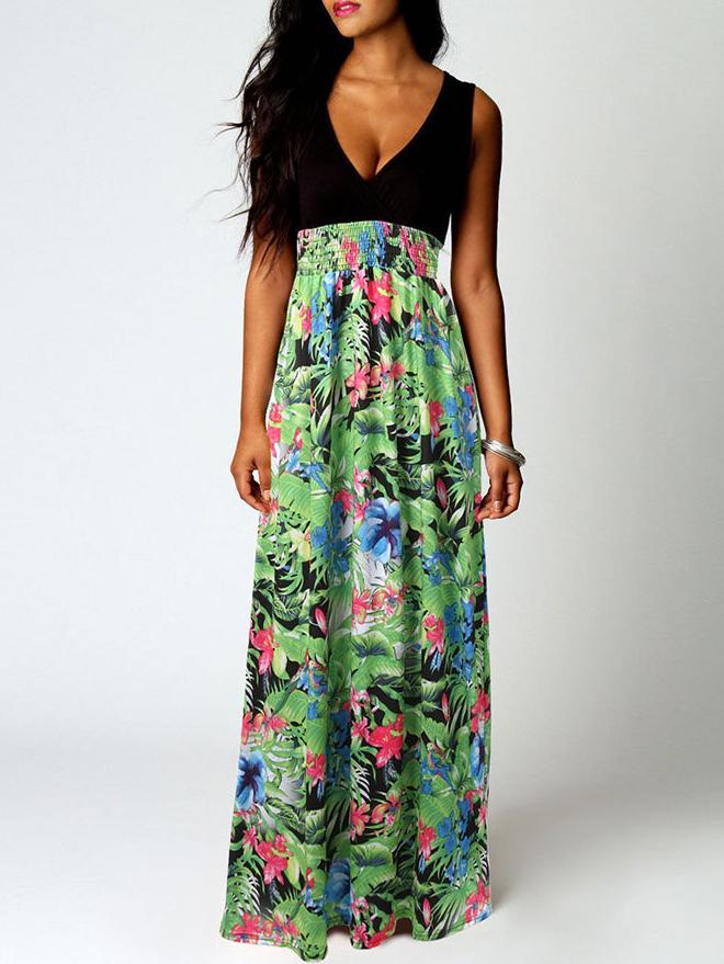 Romwe Deep V Neck Florals Maxi Green Dress