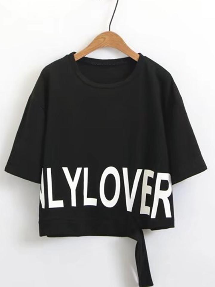 Romwe Letter Print Cut Out Hem Crop Tee
