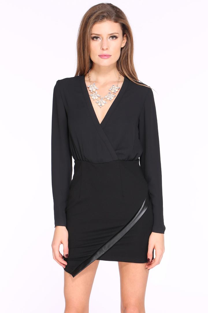 Romwe Black Long Sleeve V Neck Split Dress