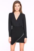 Romwe Black Long Sleeve V Neck Split Dress