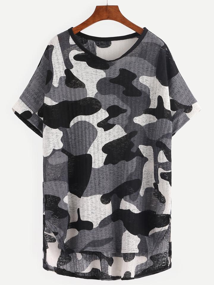 Romwe Grey Camo High-low T-shirt