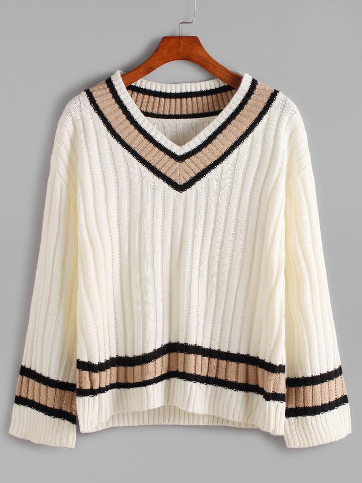 Romwe Beige Contrast V Neck Ribbed Knit Sweater