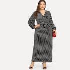 Romwe Plus Surplice Belted Striped Dress